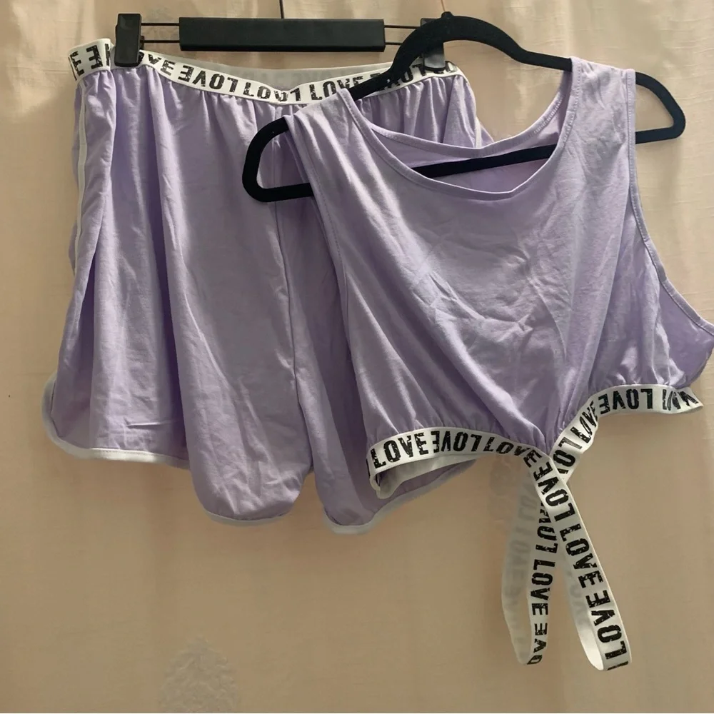 Lavender Contrast Binding Letter Tape Crop Top & Dolphin Shorts Lounge Set NWOT